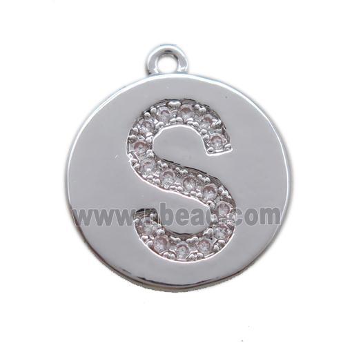 copper letter-S pendant paved zircon, platinum plated