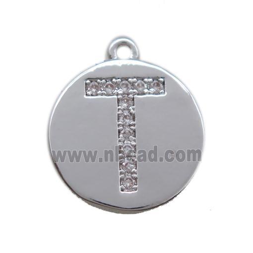 copper letter-T pendant paved zircon, platinum plated