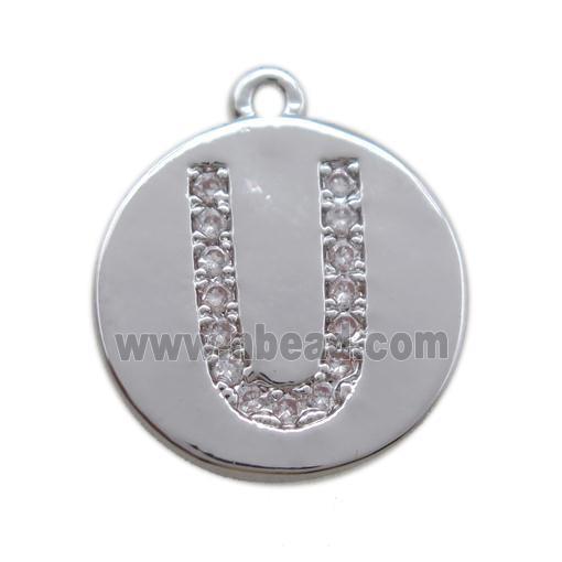 copper letter-U pendant paved zircon, platinum plated