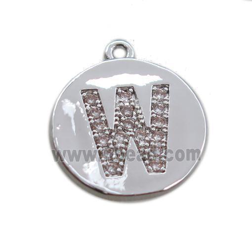 copper letter-W pendant paved zircon, platinum plated