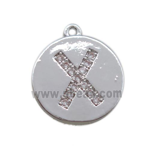 copper letter-X pendant paved zircon, platinum plated