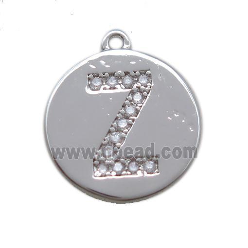 copper letter-Z pendant paved zircon, platinum plated