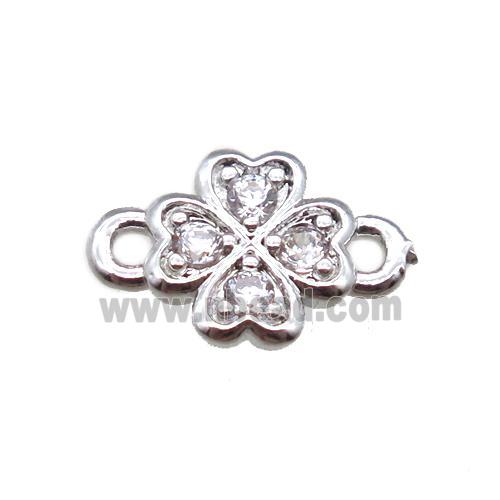 copper clover connector paved zircon, platinum plated
