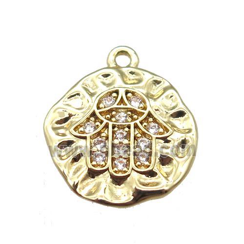 copper hamsahand pendant paved zircon, gold plated