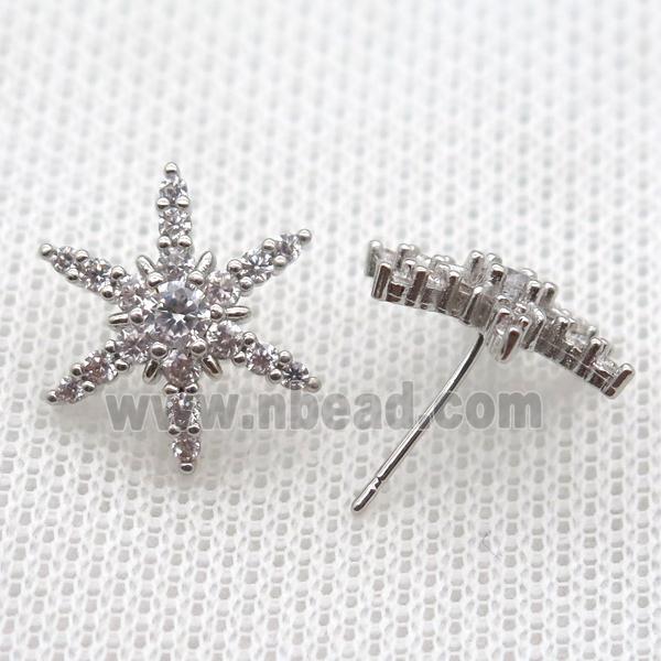 copper stud Earrings pave zircon, star, platinum plated
