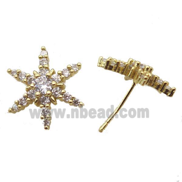 copper stud Earrings pave zircon, star, gold plated