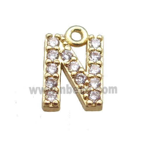 copper letter-N pendant paved zircon, gold plated