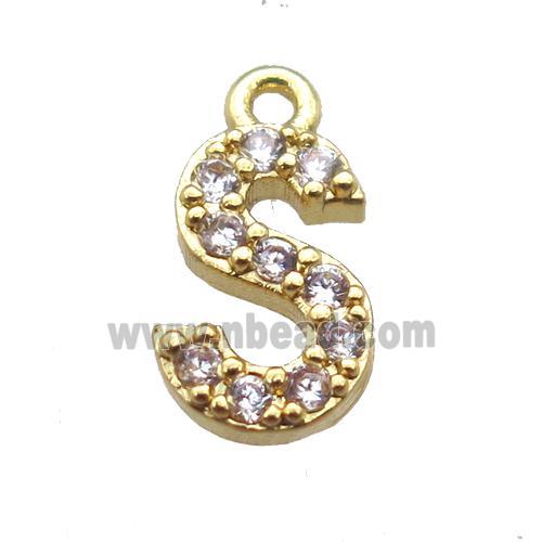 copper letter-S pendant paved zircon, gold plated
