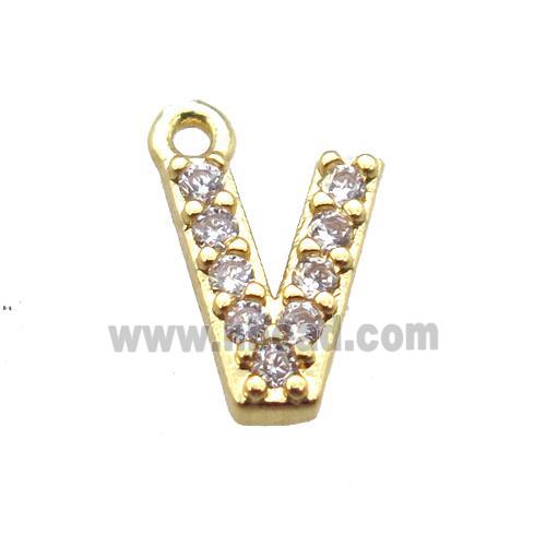 copper letter-V pendant paved zircon, gold plated