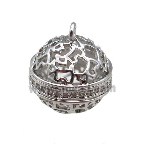 copper bell cage pendant paved zircon, platinum plated