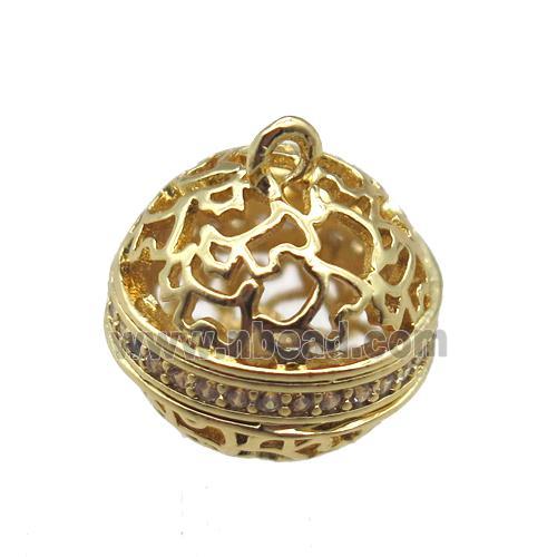 hollow copper cage pendant paved zircon, gold plated
