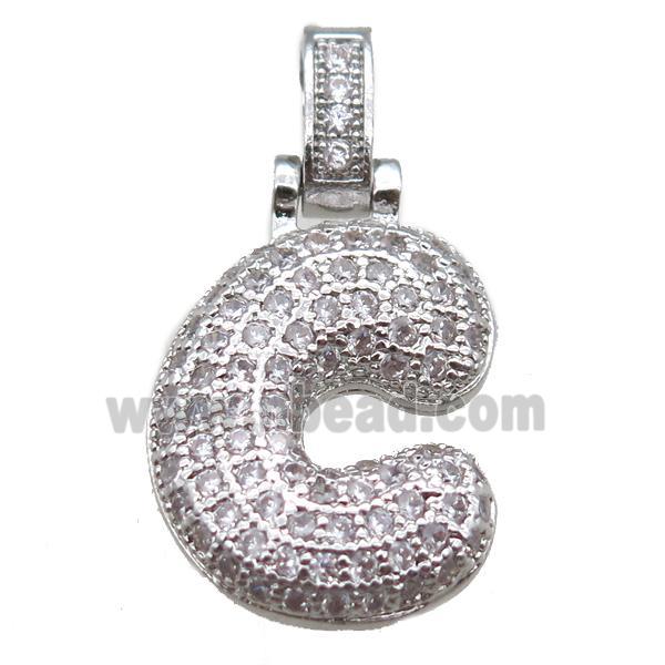 copper letter-C pendant paved zircon, platinum plated