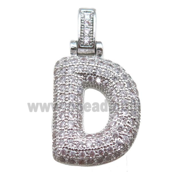 copper letter-D pendant paved zircon, platinum plated