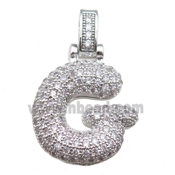 copper letter-G pendant paved zircon, platinum plated