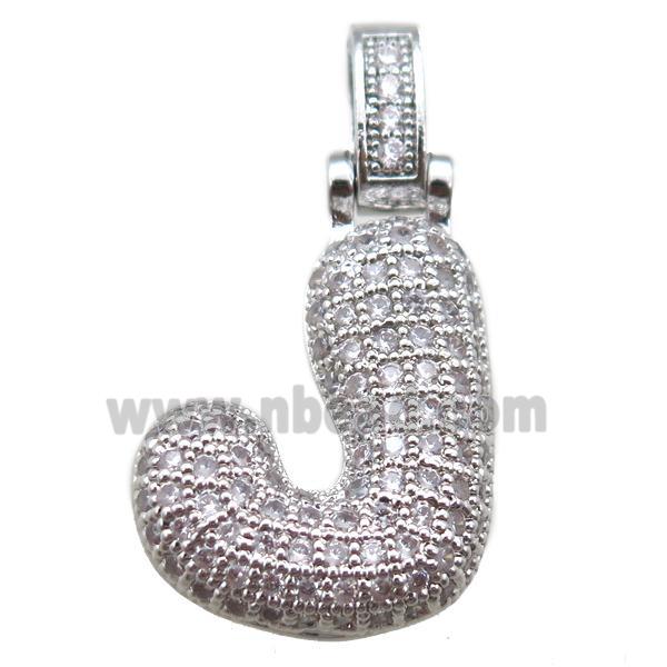 copper letter-J pendant paved zircon, platinum plated