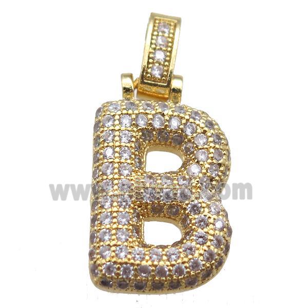 copper letter-B pendant paved zircon, gold plated