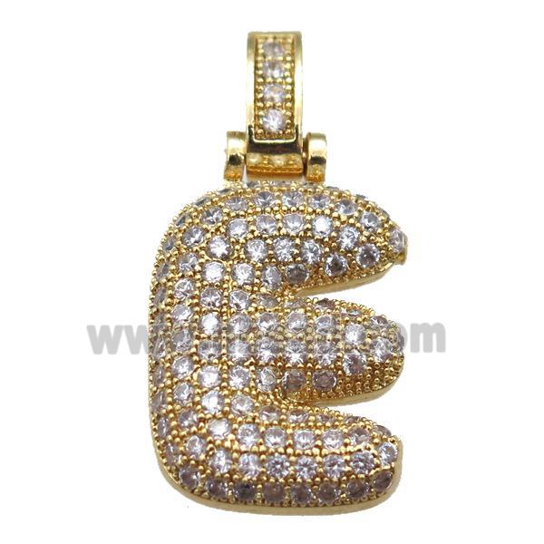 copper letter-E pendant paved zircon, gold plated