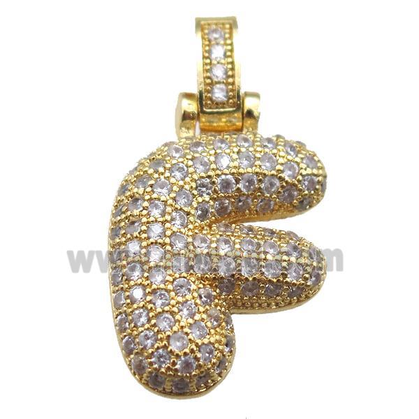 copper letter-F pendant paved zircon, gold plated