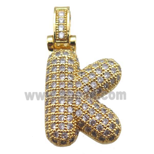 copper letter-K pendant paved zircon, gold plated