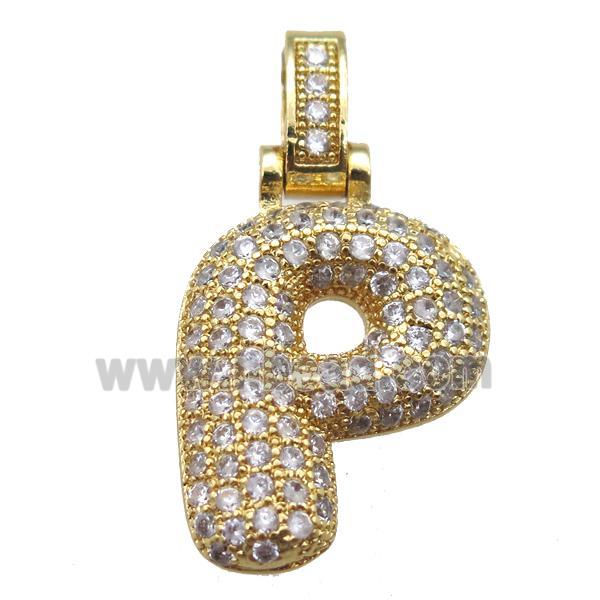 copper letter-P pendant paved zircon, gold plated