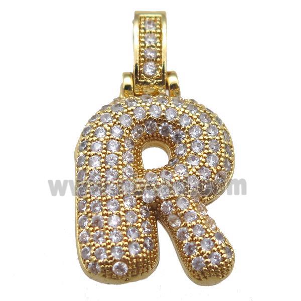 copper letter-R pendant paved zircon, gold plated