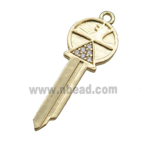copper key pendant paved zircon, gold plated