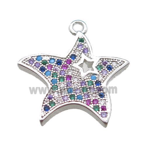 copper starfish pendant paved zircon, platinum plated