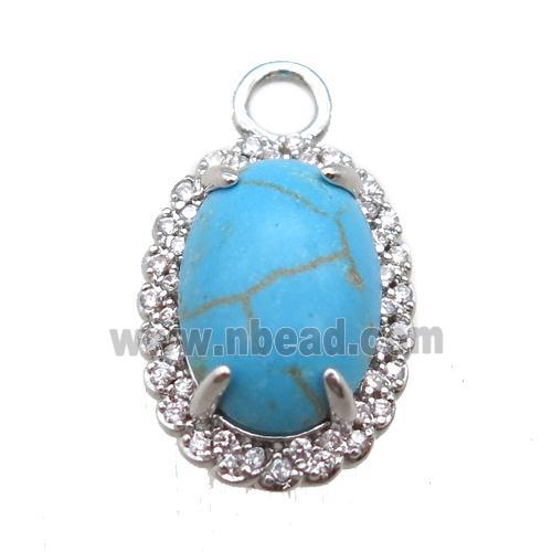 copper oval pendant paved zircon with turquoise, platinum plated