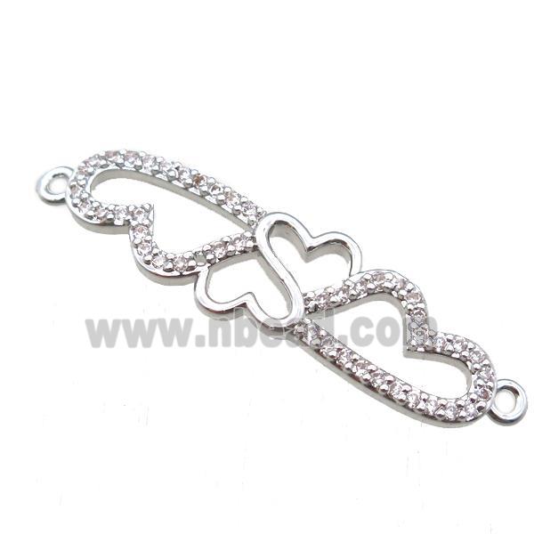 copper heart linker connector paved zircon, platinum plated