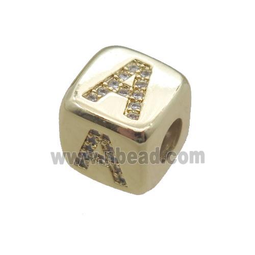 copper letter-A beads paved zircon, cube, gold plated
