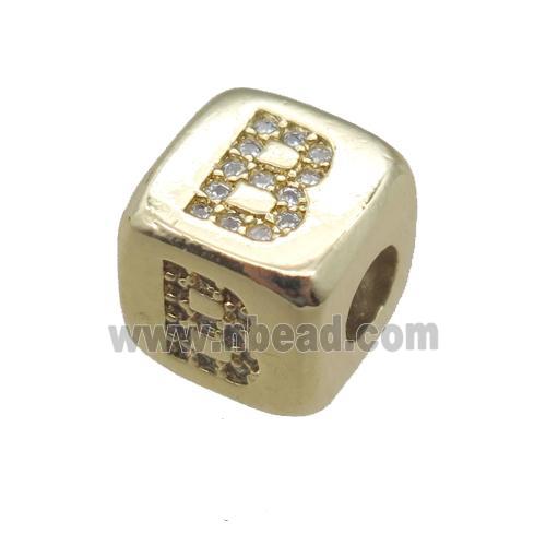 copper letter-B beads paved zircon, cube, gold plated