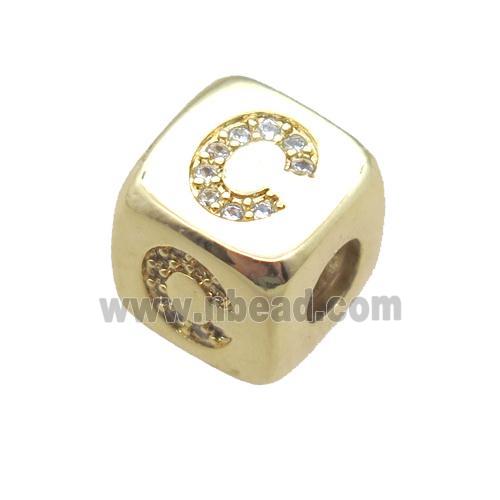 copper letter-C beads paved zircon, cube, gold plated