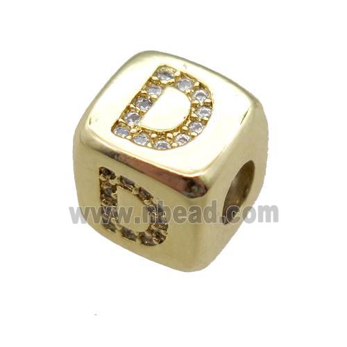 copper letter-D beads paved zircon, cube, gold plated