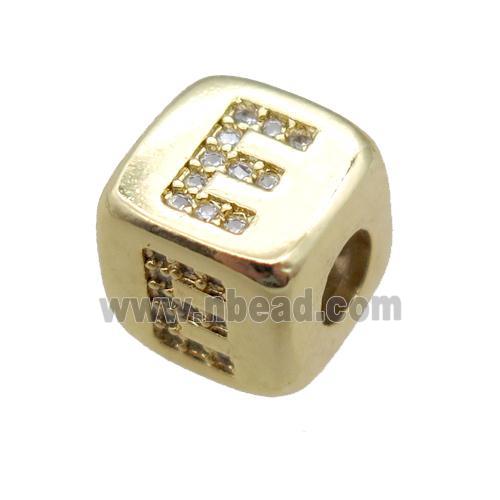 copper letter-E beads paved zircon, cube, gold plated