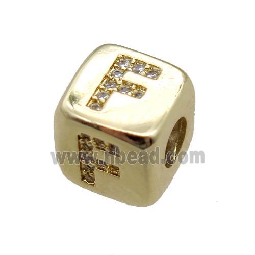 copper letter-F beads paved zircon, cube, gold plated