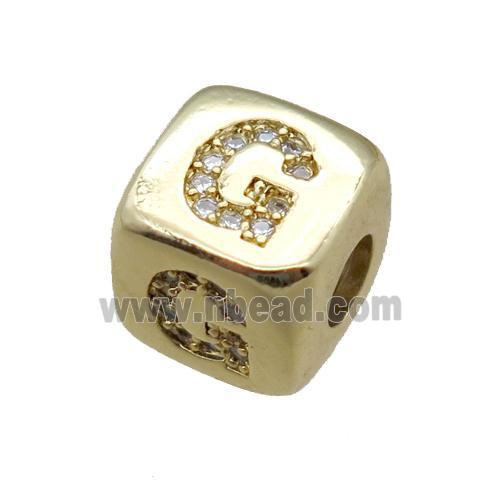 copper letter-G beads paved zircon, cube, gold plated