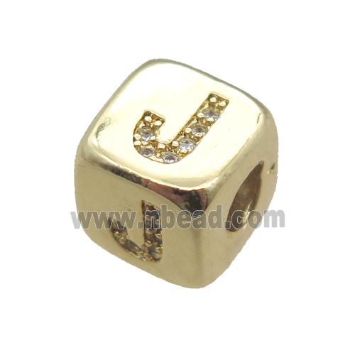 copper letter-J beads paved zircon, cube, gold plated