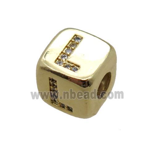 copper letter-L beads paved zircon, cube, gold plated