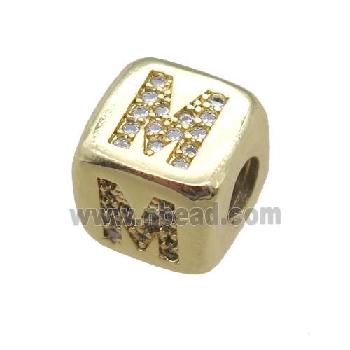 copper letter-M beads paved zircon, cube, gold plated