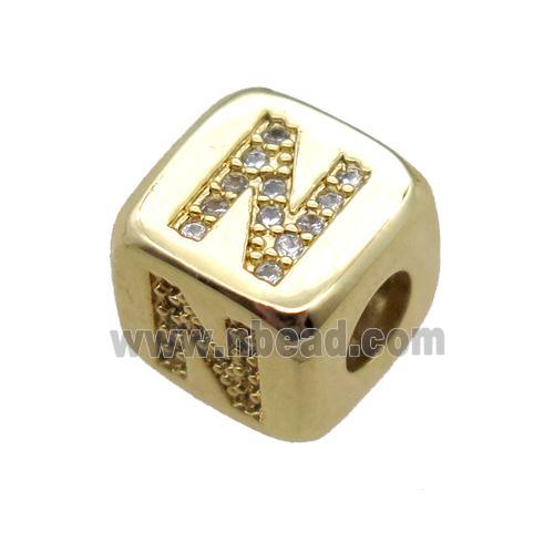 copper letter-N beads paved zircon, cube, gold plated