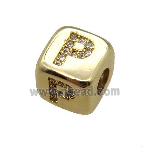 copper letter-P beads paved zircon, cube, gold plated