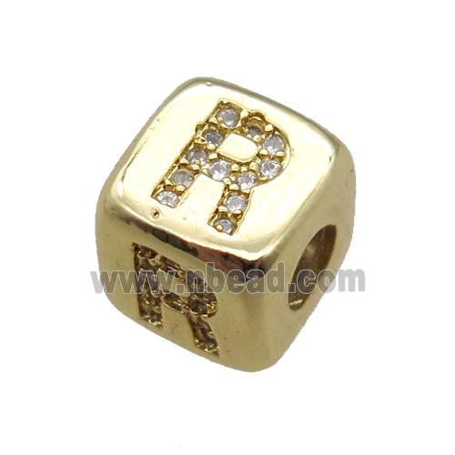 copper letter-R beads paved zircon, cube, gold plated