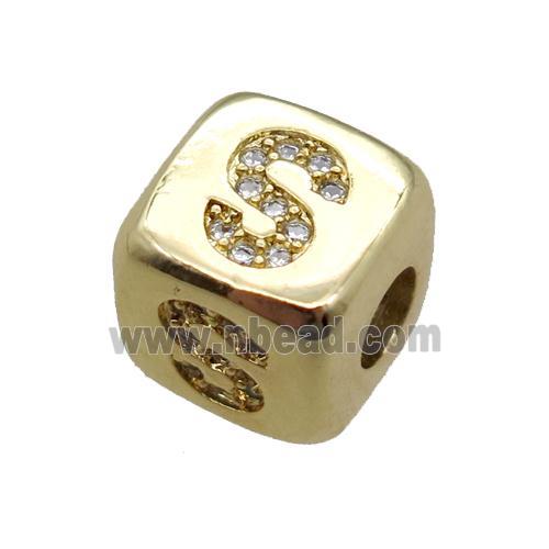 copper letter-S beads paved zircon, cube, large hole, gold plated