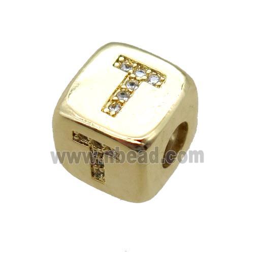 copper letter-T beads paved zircon, cube, gold plated