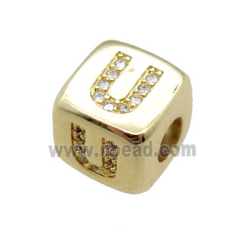 copper letter-U beads paved zircon, cube, gold plated