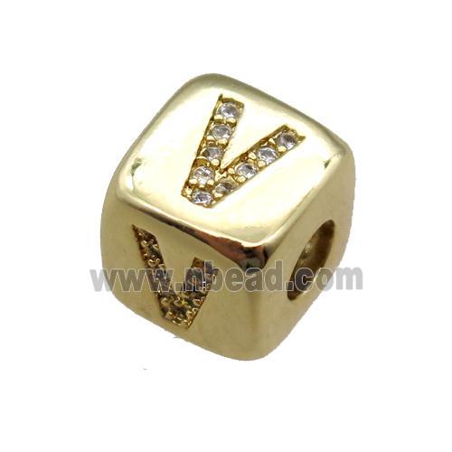 copper letter-V beads paved zircon, cube, gold plated