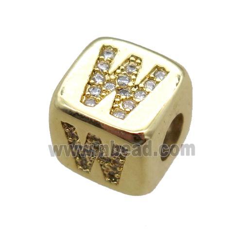 copper letter-W beads paved zircon, cube, gold plated