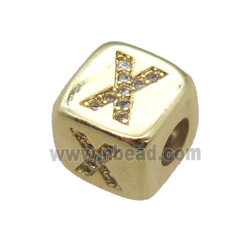 copper letter-X beads paved zircon, cube, gold plated