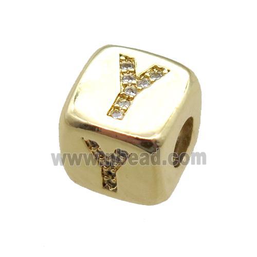 copper letter-Y beads paved zircon, cube, gold plated
