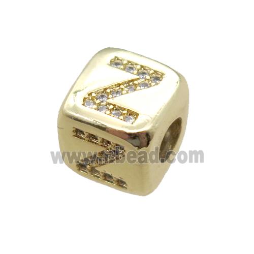 copper letter-Z beads paved zircon, cube, gold plated